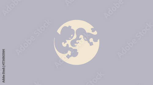 Abstract illustration of two stylized animals, possibly elephants, interacting within a circular shape on a light purple background.