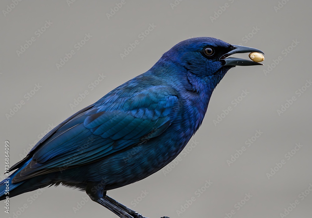 Obraz premium Iridescent Blue Grackle Holding a Nut in its Beak. Generative Ai