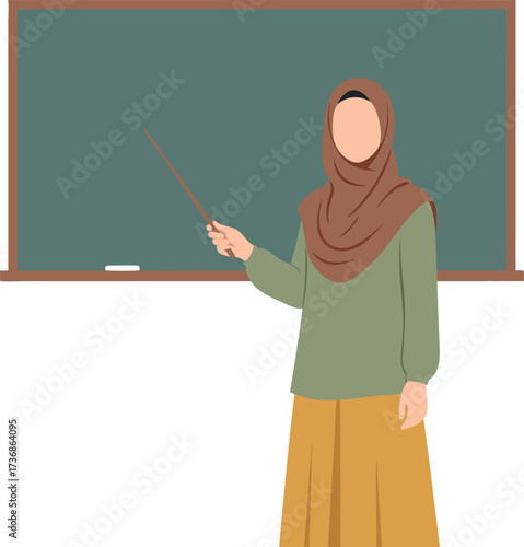 A Muslim woman teacher in brown hijab explains a lesson in front of a chalkboard, ideal for educational and classroom themes