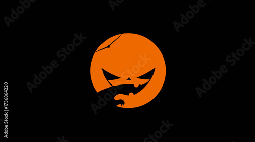 An orange pumpkin silhouette with a cracked surface and a menacing, toothy grin, set against a stark black background.