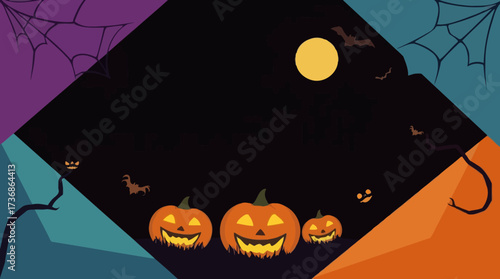 Halloween illustration featuring pumpkins with carved faces, bats flying under a full moon, and spiderwebs in the corners.
