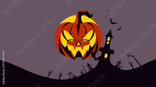 A spooky Halloween illustration featuring a carved pumpkin, haunted house, and bats against a dark backdrop.