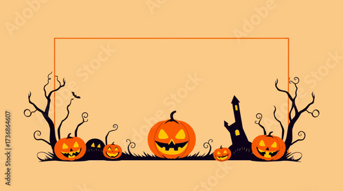 A Halloween-themed illustration featuring carved pumpkins, spooky silhouettes, and a haunted castle.