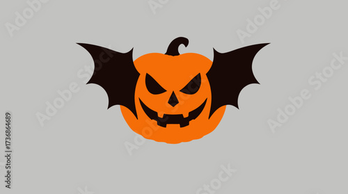 Halloween pumpkin with bat wings, carved with a spooky face, on a gray background.