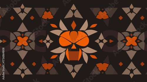 A symmetrical geometric pattern featuring a stylized pumpkin design with repeating shapes.