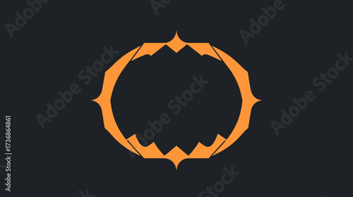 An orange abstract geometric shape resembling a stylized ring or emblem on a dark gray background.