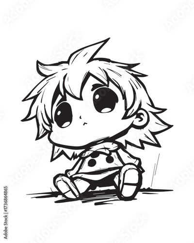 A detailed line art illustration of a small chibi boy squatting with an intense, focused expression. This pose is great for action scenes, gaming mascots, sticker packs