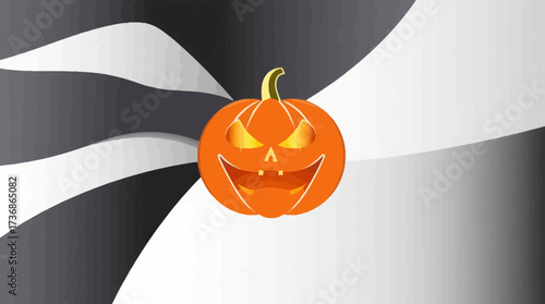 A grinning jack-o'-lantern with glowing eyes against a wavy, abstract background.