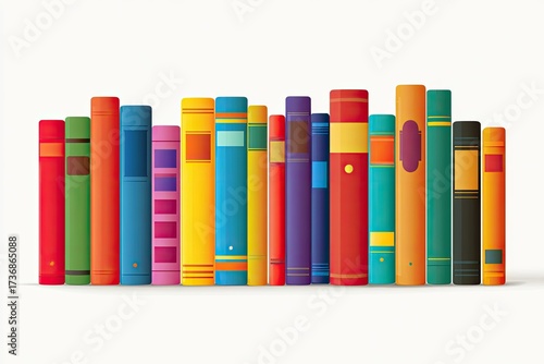 A row of colorful, stylized books stands against a clean white backdrop, suggesting knowledge