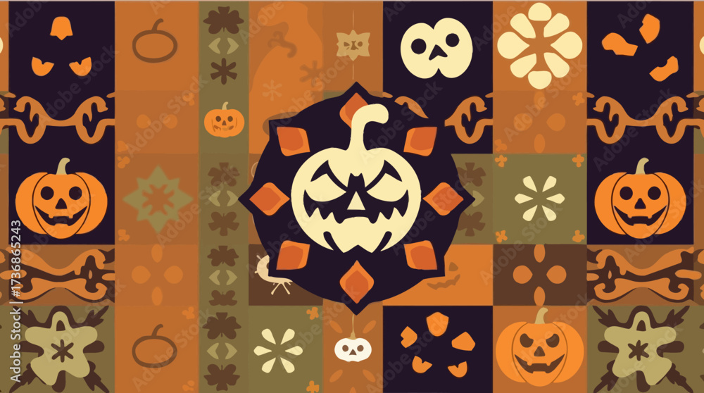 Obraz premium A festive Halloween-themed illustration featuring various pumpkin designs and decorative patterns.