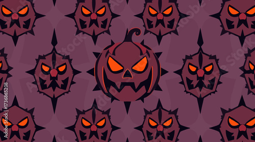 Halloween themed background with a central pumpkin surrounded by spiky, scary faces in a repeating pattern.