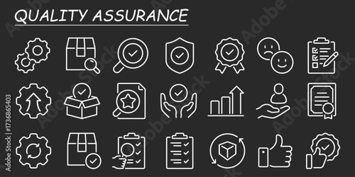 Quality assurance and control outline icons set isolated on white background flat vector illustration. 
