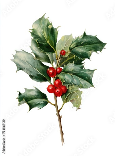 A watercolor painting of a holly branch, displaying green, spiky leaves & bright red berries