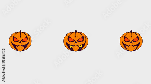 Three cartoon jack-o'-lanterns with glowing eyes and carved, toothy grins are displayed.