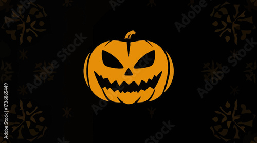 A glowing orange jack-o'-lantern with a menacing grin against a dark background with decorative elements.