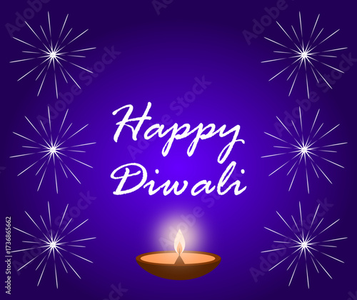 Diwali design with diya, fireworks frame and the inscription "Happy Diwali"