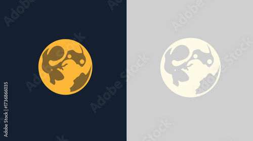 Two stylized moon illustrations, one golden on dark, the other silver on light background.