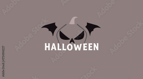 Spooky Halloween design featuring a pumpkin with bat wings and menacing eyes on a gray background.