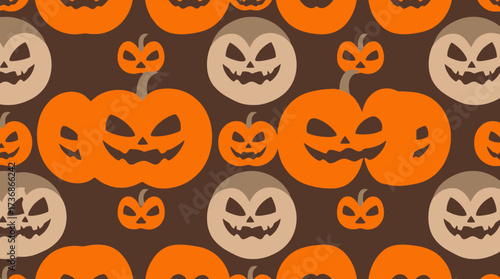 A repeating pattern of carved pumpkins and smiling vampire faces, festive.