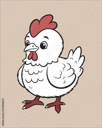 An adorable cartoon illustration of a white chicken with a red comb and wattle. The friendly style is great for children's books, food packaging, nursery art