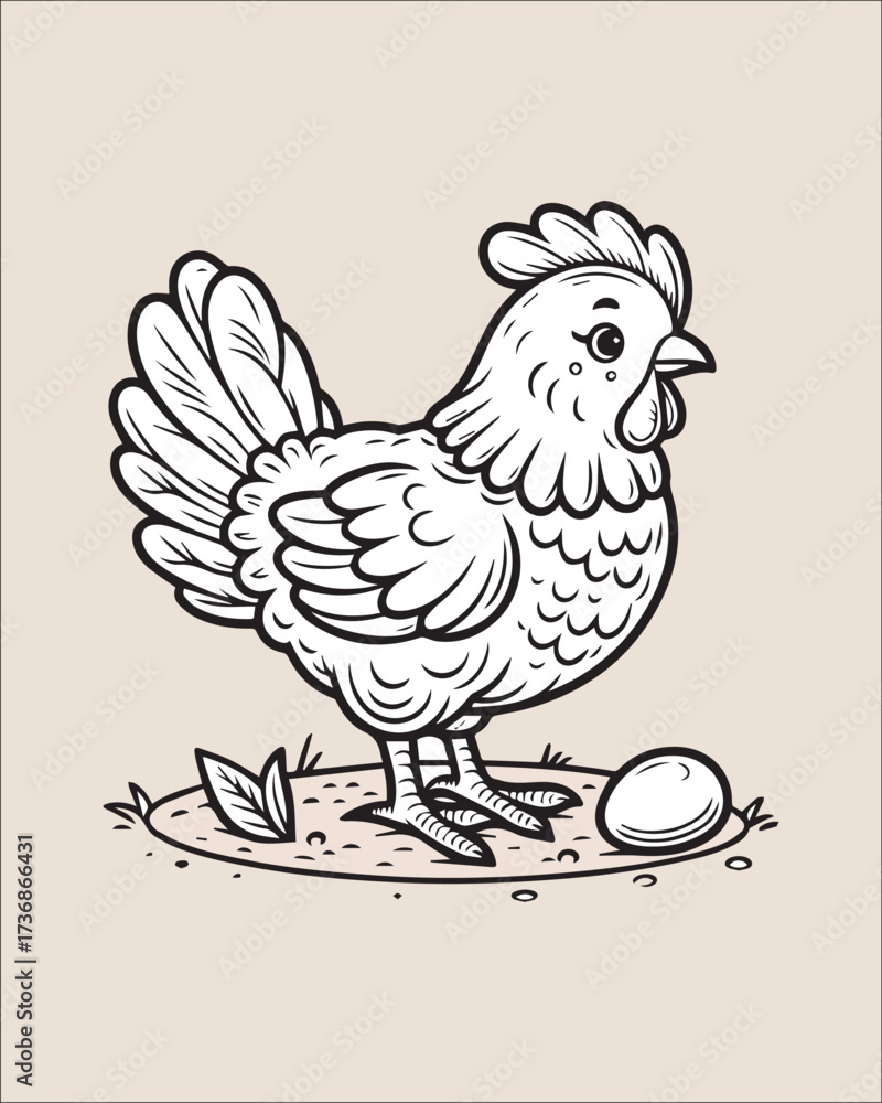 Fototapeta premium A detailed black and white outline illustration of a hen standing next to her eggs. Perfect for farm animal themes, coloring books, poultry packaging, agricultural concepts