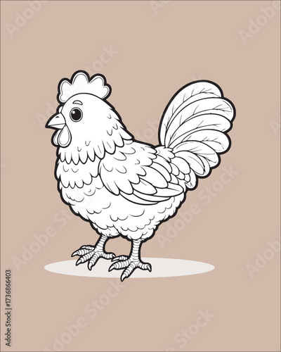 A classic, detailed black and white outline illustration of a rooster with a full tail and comb. Ideal for farm logos, restaurant branding, vintage signage, mascot design