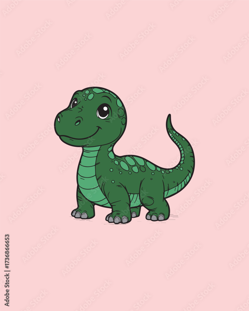 Naklejka premium A vibrant, green cartoon illustration of a happy, chubby baby dinosaur on a pink background. Excellent for kid's apparel, party invitations, digital stickers