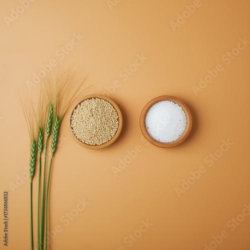 Healthy grain and dairy ingredient composition with wheat ear cereal and milk on warm background representing natural nutrition