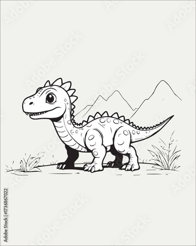 A charming, simple outline drawing of a small dinosaur with spikes, set in a basic landscape