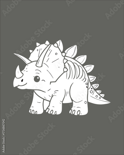 A charming black and white outline illustration of a baby Stegosaurus (or similar spiked dinosaur). Perfect for children's designs, dino graphics, simple logos, or any project