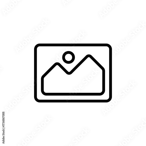 A minimalist outline drawing of a landscape, featuring a simple mountain range under a circular sun, presented within a rectangular frame