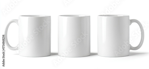Three white ceramic cylindrical mugs, one centered, two with handles facing away, on white backdrop