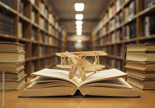 Airplane model on open old book in school library for educational history concept and for Wright Brothers day, and International civil aviation day commemoration concept