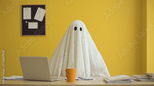 Halloween sheet ghost sitting at an office desk with a laptop and papers against a vibrant yellow wall