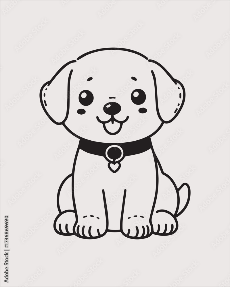 Fototapeta premium A clean, simple black and white outline drawing of a sitting puppy wearing a collar. Perfect for pet care logos, veterinary icons, clip art, or uncomplicated animal service branding