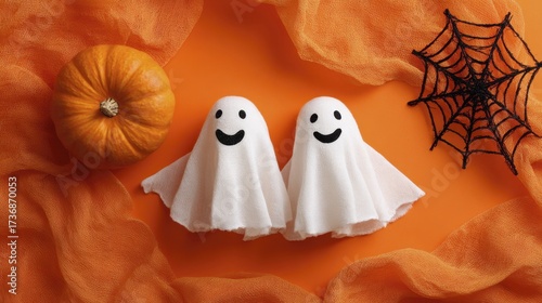 Smiling ghost figures and a small pumpkin on vibrant orange fabric with a spooky spiderweb for Halloween.