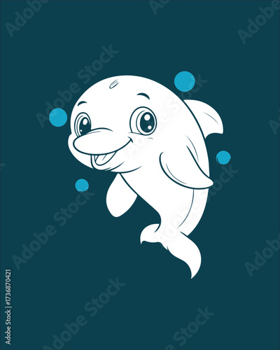 High-contrast, stylized illustration of a smiling dolphin against a dark blue background with dynamic water bubbles. Suitable for sporty or energetic marine branding