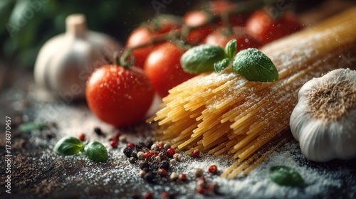 Artistic Pasta Presentation with Garlic, Tomatoes, and Basil Accents