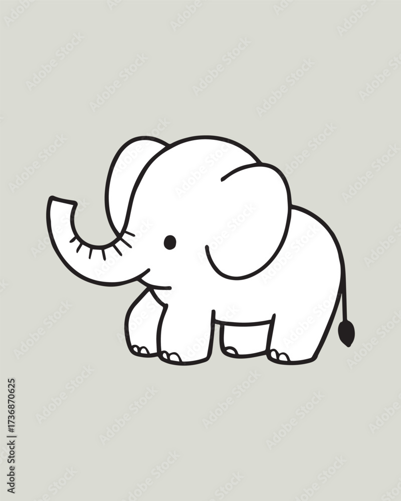 Fototapeta premium Clean and simple cartoon illustration of a cute baby elephant with a white/light gray body sitting. Great for minimal branding, logo element, or easy kids' graphics