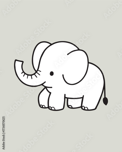 Clean and simple cartoon illustration of a cute baby elephant with a white/light gray body sitting. Great for minimal branding, logo element, or easy kids' graphics