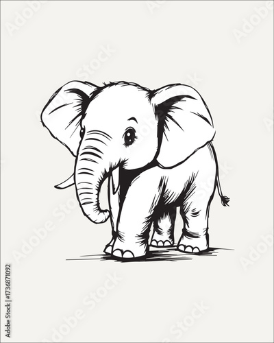 A high-quality, detailed black and white outline drawing of a baby elephant, emphasizing ear and skin texture. Suitable for coloring books, wildlife education, or sophisticated safari line art
