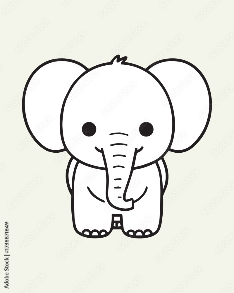 Fototapeta premium An extremely cute, chibi-style illustration of a baby elephant with large eyes and a friendly expression. Perfect for kawaii merchandise, stickers, children's books, or sweet, lovable character design
