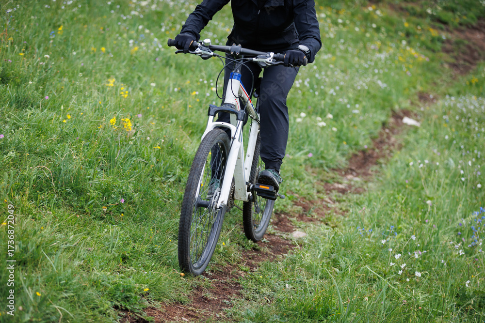 Naklejka premium Riding mountain bike on grassland forest mountains