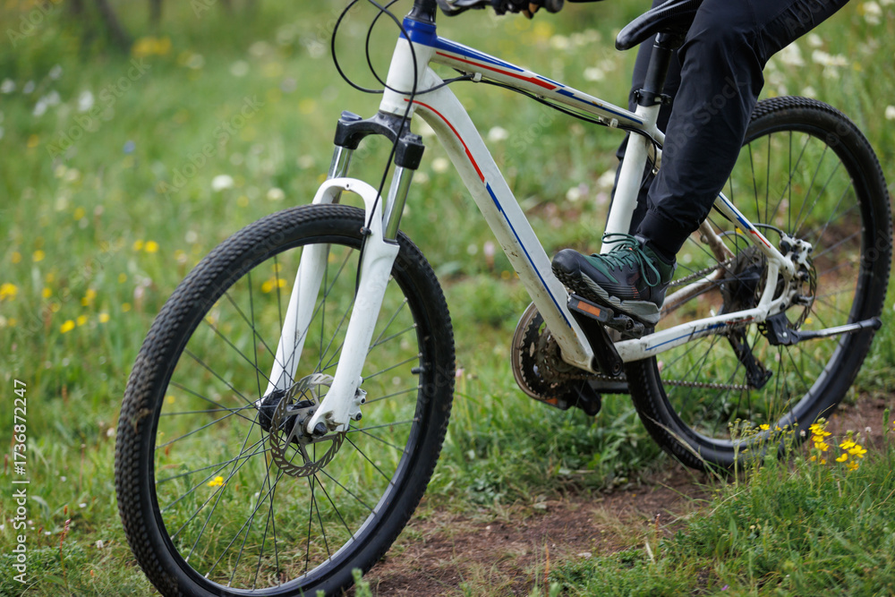 Fototapeta premium Riding mountain bike on grassland forest mountains