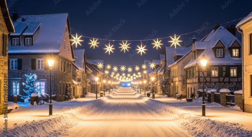 Fototapeta premium Enchanting Winter Village: Snow-Covered Street Illuminated by Starry Lights and Warm Glow