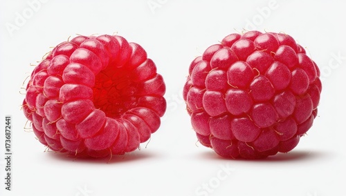 Two vibrant red berries, round with textured surfaces, set against a bright white background