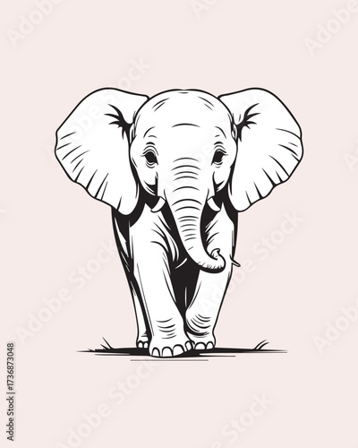 A detailed, realistic black and white outline drawing of an elephant with its trunk lowered. Ideal for coloring books, wildlife conservation themes, animal education, or sophisticated safari artwork