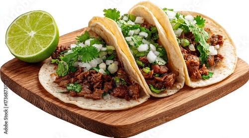 Delicious tacos on a wooden board with lime half. Filled with meat, onion, cilantro