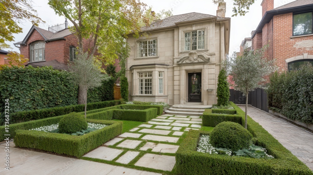 Obraz premium Elegant house with stone facade and manicured garden, featuring symmetrical landscaping and lush greenery in an upscale neighborhood setting