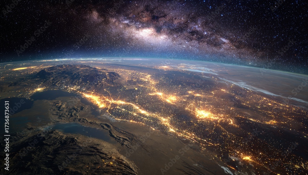 Fototapeta premium Earth's illuminated side seen from space, showcasing city lights under the Milky Way